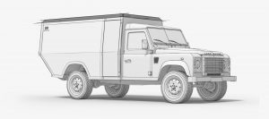 Projekt basecab Visualisierung einer Leerkabine für Land Rover Defender als Zeichnung